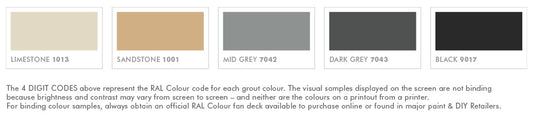 Set of RAL color swatches with corresponding color codes on a white background.