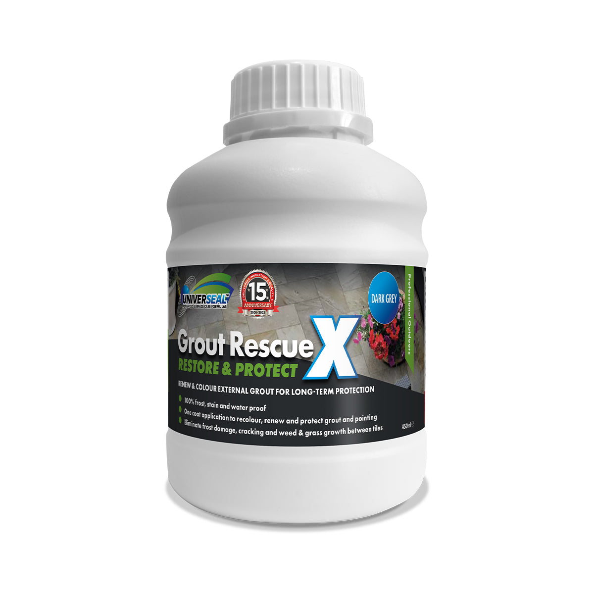Grout Rescue X 450ml bottle (Dark Grey colour) on a white background