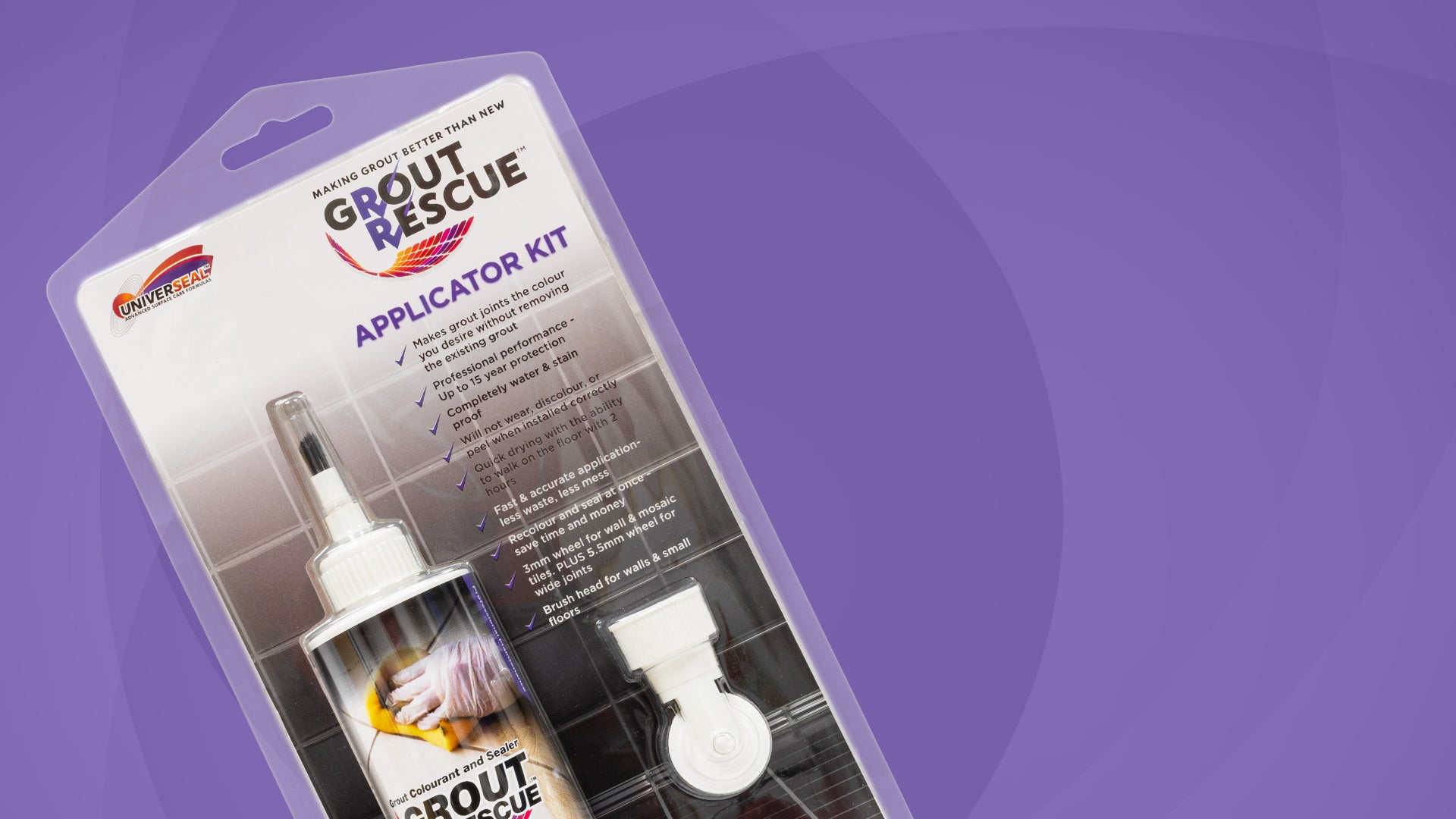 Grout Rescue Applicator Kit packaging on a purple background
