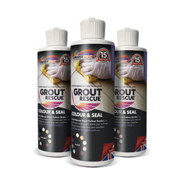 Three bottles of Grout Rescue Colour & Seal on a white background